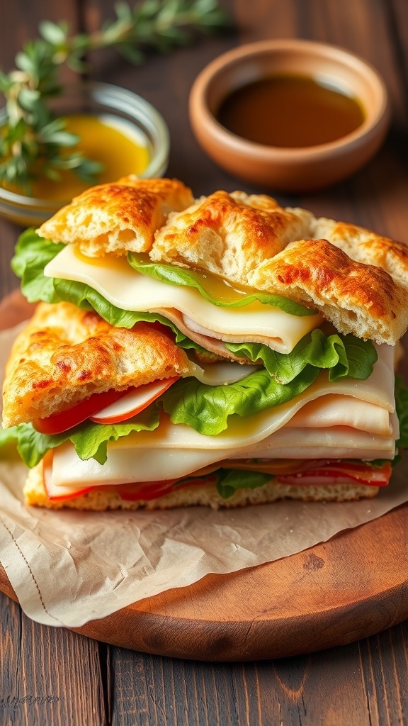 Focaccia Bread Sandwich Recipe A focaccia bread sandwich filled with turkey, cheese, and lettuce, cut in half on a wooden table.